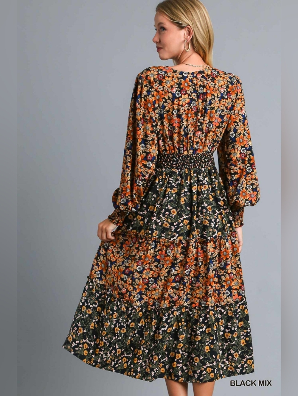 Umgee Exclusive Floral Print Midi Long Sleeve Dress - Picture 3 of 9